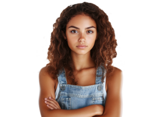Young girl with curly hair, arms crossed, serious expression, wearing denim overalls, isolated on white.  PNG transparent.
