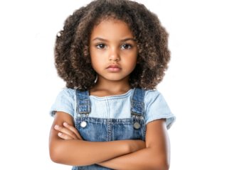 Young girl with curly hair, arms crossed, serious expression, wearing denim overalls, isolated on white.  PNG transparent.