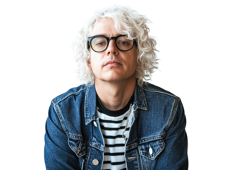 Albino man with glasses, curly hair, wearing striped shirt and denim jacket, isolated on white.  PNG transparent.