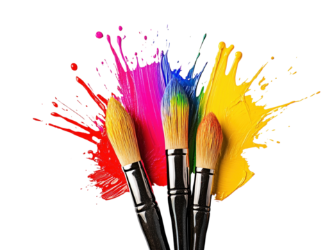 Paintbrushes with colorful paint splashes, rainbow colors, vibrant and creative, isolated on white.  PNG transparent.