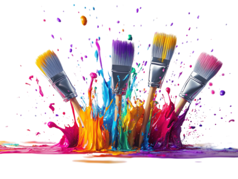 Paintbrushes with colorful paint splashes, rainbow colors, vibrant and creative, isolated on white.  PNG transparent.