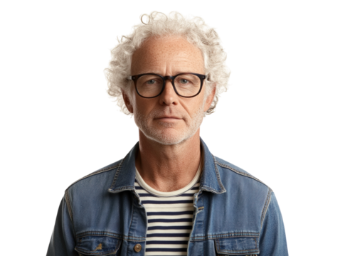 Albino man with glasses, curly hair, wearing striped shirt and denim jacket, isolated on white.  PNG transparent.