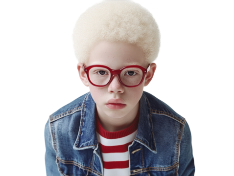 Albino man with glasses, curly hair, wearing striped shirt and denim jacket, isolated on white.  PNG transparent.