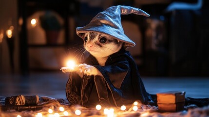 Ferret in a wizard s robe casting a glowing spell in a dark room, wizard ferret, magical pet costume