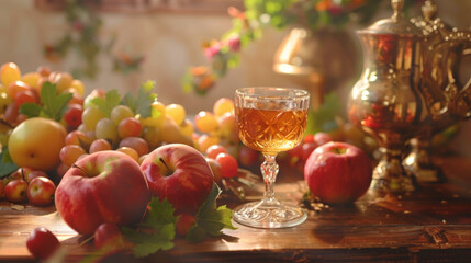 Fototapeta premium A beautifully arranged table featuring apples, honey, and a glass of sweet beverage for Rosh Hashanah