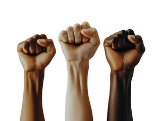 Raised fists in the air symbolizing strength and unity, isolated on a white background.  PNG transparent.