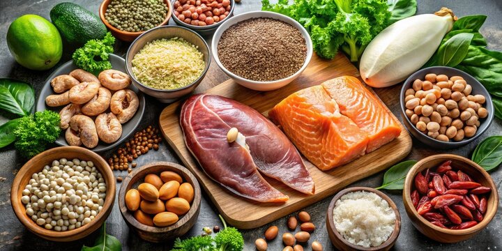 High protein and essential amino acids found in assorted foods: meat, fish, nuts, seeds, and leafy greens for optimal nutrition.
