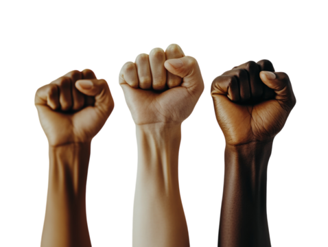 Raised fists in the air symbolizing strength and unity, isolated on a white background.  PNG transparent.