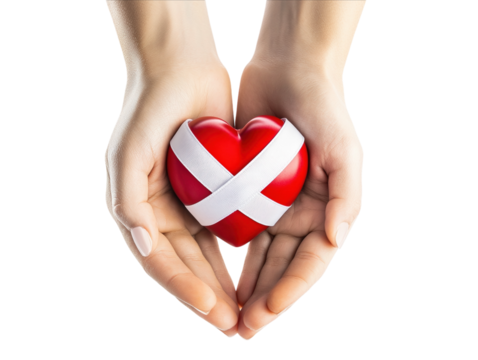 Hands holding a red heart and a white ribbon, symbolizing love and awareness, isolated on white.  PNG transparent. - Powered by Adobe