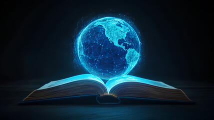 An open book with a glowing globe above, symbolizing knowledge and global connection.
