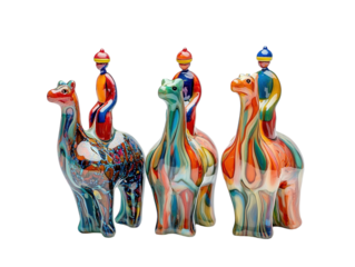 Three camel figurines with riders in a row, detailed, isolated on a white background.  PNG transparent.