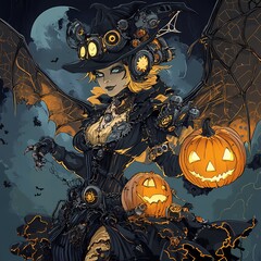 Steampunk Halloween Extravaganza - Mechanical Bats, Clockwork Pumpkins, and Gear-Clad Witch Illustration