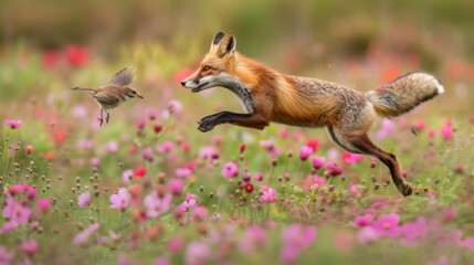 A fox leaps through a vibrant field of flowers, chasing a small bird in a playful moment of nature’s beauty and energy.