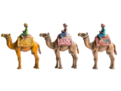 Three camel figurines with riders in a row, detailed, isolated on a white background.  PNG transparent.