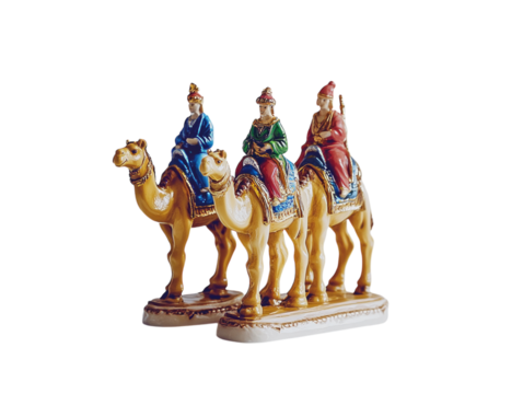 Three camel figurines with riders in a row, detailed, isolated on a white background.  PNG transparent.