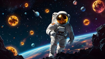 Obraz premium Space Explorer Walking Amongst Planets in a Distant Galaxy
