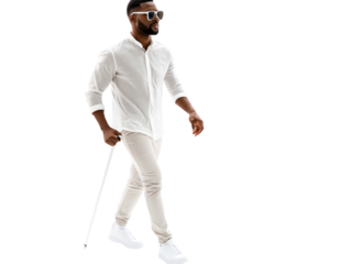 Young man walking with a white cane and wearing sunglasses, isolated on white background.  PNG transparent.
