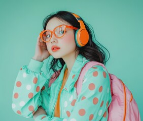 A young Asian woman with backpack, and orange glasses, listening to music with headphones on an isolated pastel background. - Powered by Adobe