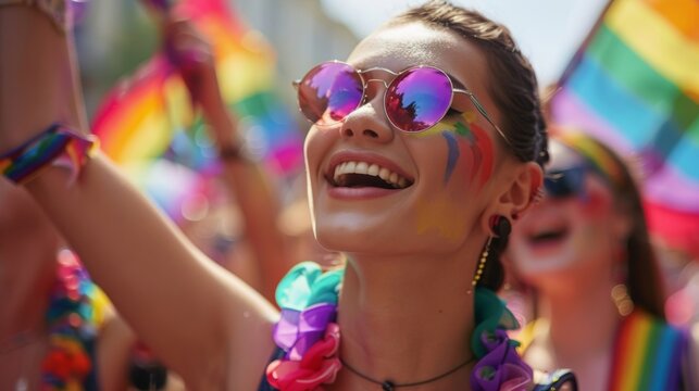 Joyful celebration at a pride parade with colorful flags and smiling faces. Happiness radiates from the crowd. A moment of unity and pride.
