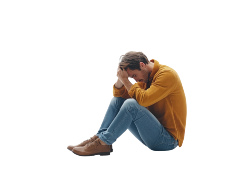 Man sitting on the floor, head in hands, showing stress or sadness, isolated on white background.  PNG transparent.
