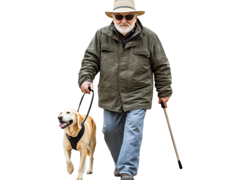 Older man walking with a guide dog, wearing a hat and sunglasses, isolated on white background.  PNG transparent.