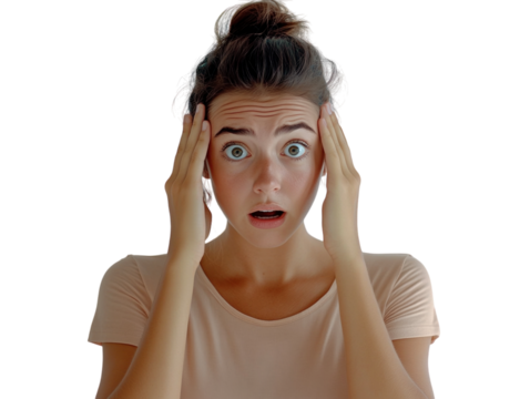 Young woman looking stressed, holding her head with wide eyes, isolated on white background.  PNG transparent.