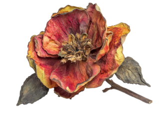 Dried rose with faded colors, showing texture and aging petals, isolated on white background.  PNG transparent.