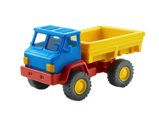 Colorful plastic toy dump truck with vibrant colors, isolated on white background.  PNG transparent.