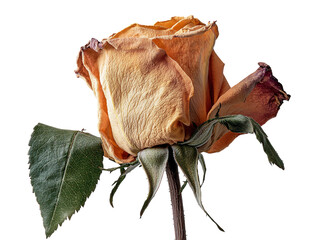 Dried rose with faded colors, showing texture and aging petals, isolated on white background.  PNG transparent.