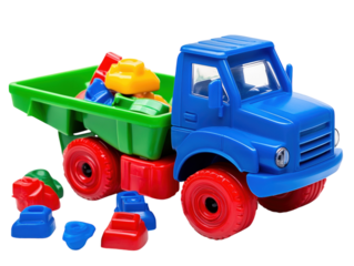 Colorful plastic toy dump truck with vibrant colors, isolated on white background.  PNG transparent.