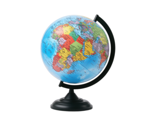 World globe with continents and oceans, detailed map, isolated on white background.  PNG transparent.