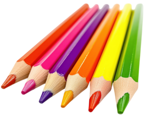 Vibrant colored pencils neatly arranged in a row, sharp tips, isolated on white background.  PNG transparent.