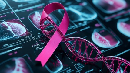 A close-up of a pink ribbon symbolizing breast cancer awareness against a background of breast scans and DNA strands.