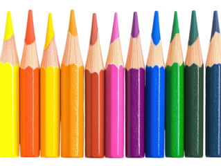 Vibrant colored pencils neatly arranged in a row, sharp tips, isolated on white background.  PNG transparent.