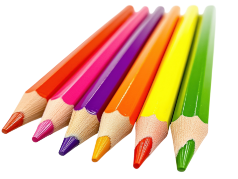 Vibrant colored pencils neatly arranged in a row, sharp tips, isolated on white background.  PNG transparent.