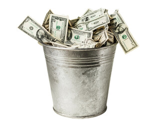 Crumpled dollar bills spilling out from a metal trash bin, isolated on white background.  PNG transparent.