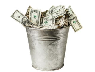 Crumpled dollar bills spilling out from a metal trash bin, isolated on white background.  PNG transparent.