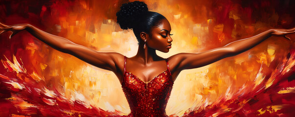 painting of african american ballet dancer isolated on red & orange hot background