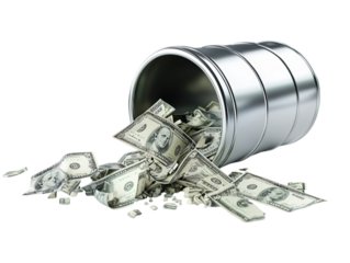 Crumpled dollar bills spilling out from a metal trash bin, isolated on white background.  PNG transparent.