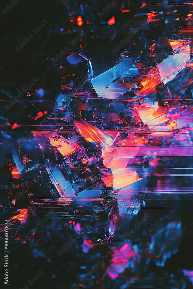 Poster abstract glitch art composition with vibrant colors and dynamic patterns.