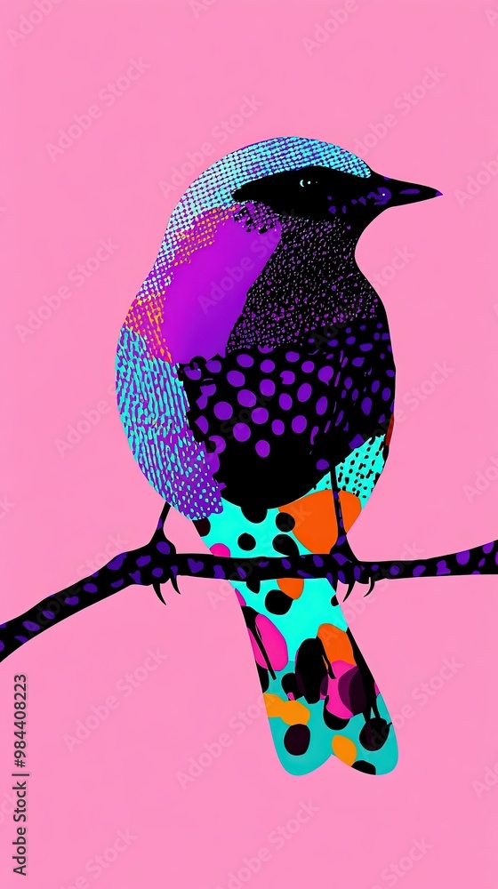 Canvas Prints Colorful abstract silhouette of bird perched on branch against pink background.