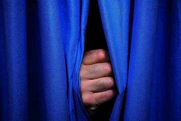 A hand reaching through a blue curtain, suggesting curiosity and mystery. Ideal for themes of anticipation or hidden surprises.