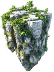 Obraz premium Green island with rocky cliffs and dense vegetation, isolated on a white background. PNG transparent.