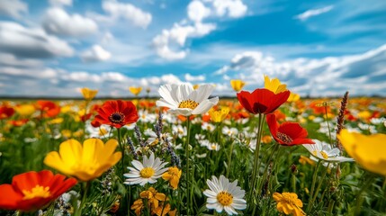 Obraz premium A vibrant field of colorful flowers under a bright blue sky, showcasing the beauty of nature and the essence of spring.