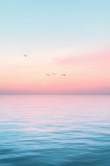 Fototapeta premium Tranquil ocean dawn with soaring birds over serene waters.