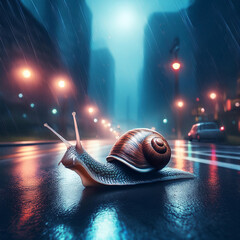 snail crossing wet road in city