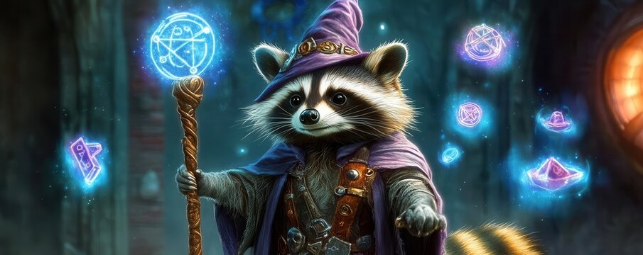 Raccoon dressed as a wizard with a staff and magical symbols floating around, wizard raccoon, mischievous magic animal