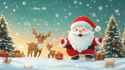 cartoon santa claus with reindeers and gifts on a blue background