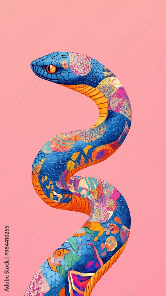 Poster abstract pop art snake on peach background - vibrant design for art projects. new year of the snake.