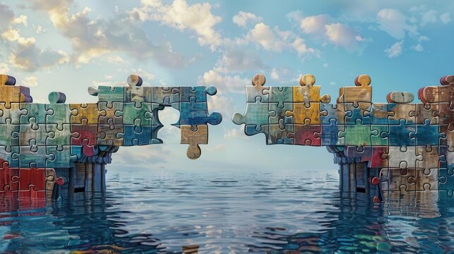Broken bridge between two countries made of puzzle pieces Tariff Disputes symbolizing incomplete trade deals due to barriers